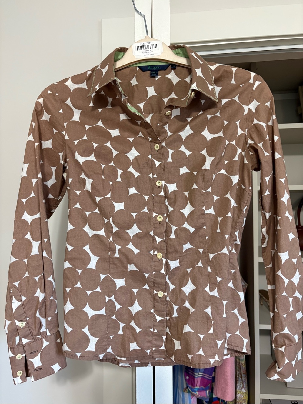 Boden 100% Cotton Brown and White Geometric Button-down Blouse